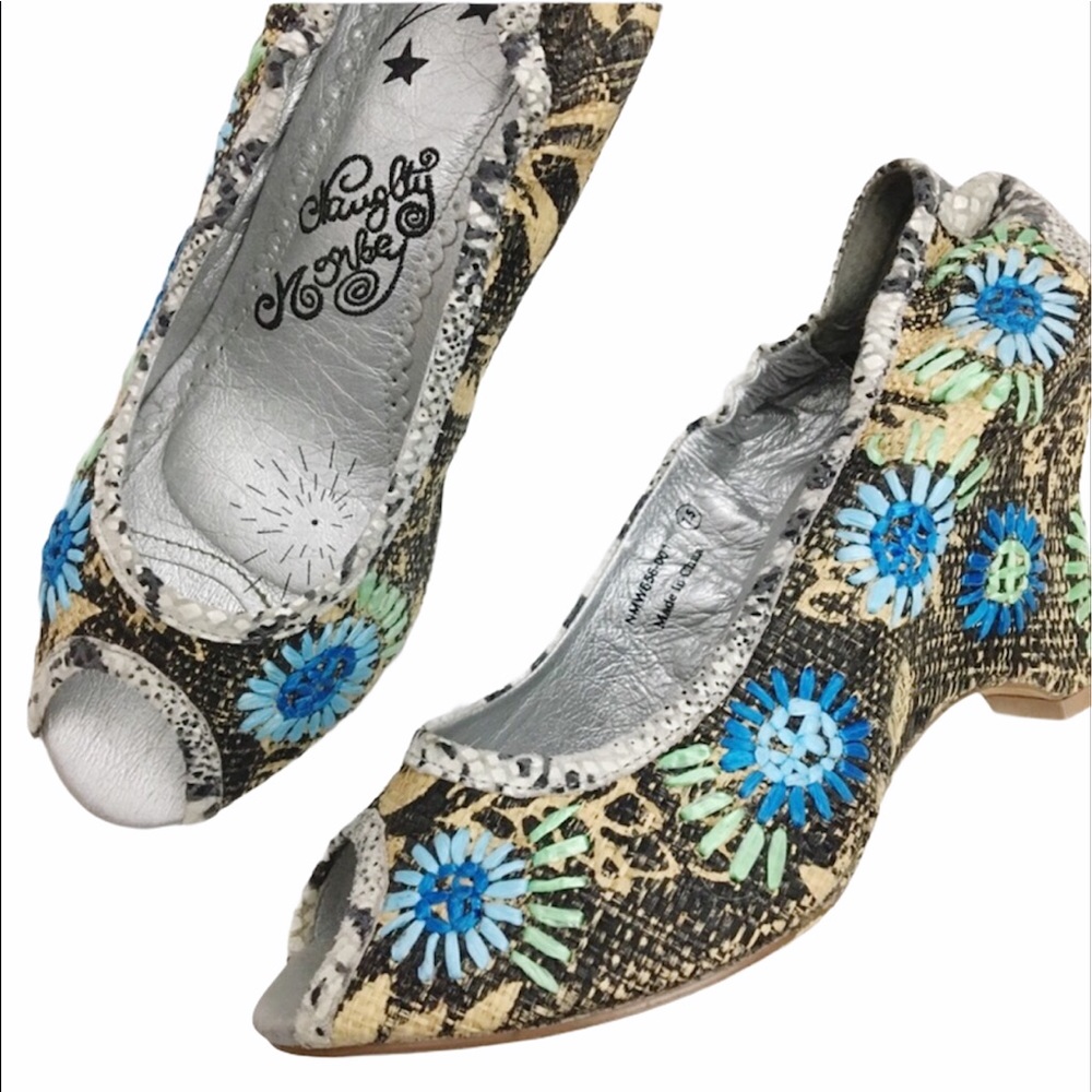 Naughty Monkey Peep toe floral snakeskin wedges